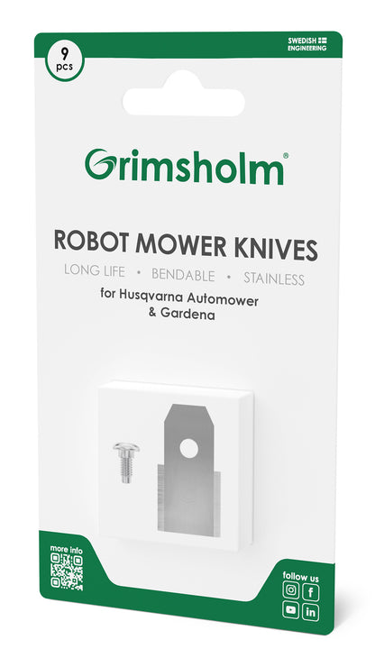 Grimsholm-kniv til Automower 9-pak, rustfri og bøjelig klinge med skruer, kompatibel med Husqvarna og Gardena.