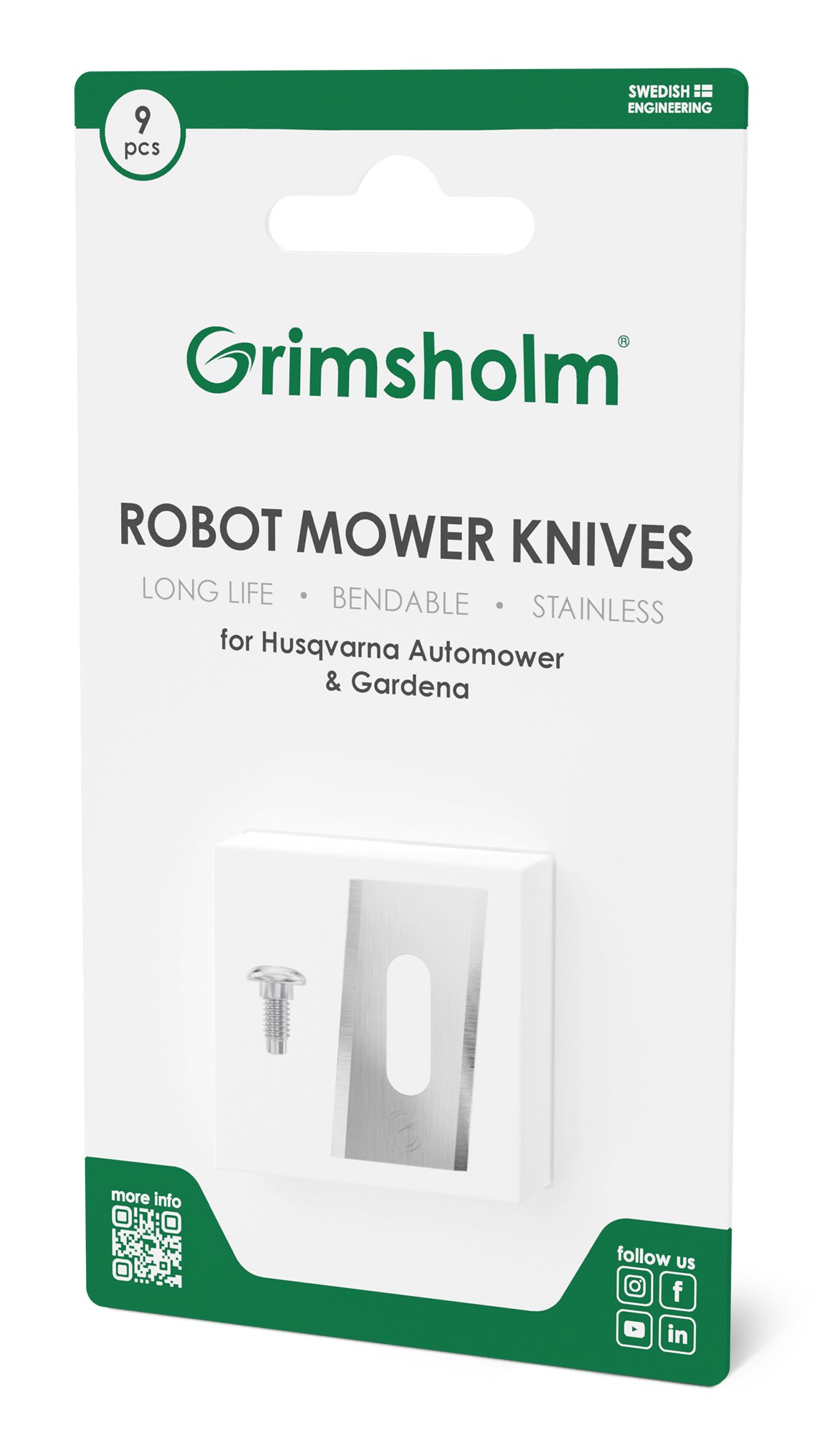Grimsholm kniv og skrue til Automower, 9-pak, rustfrit stål, kompatibel med Husqvarna og Automower.