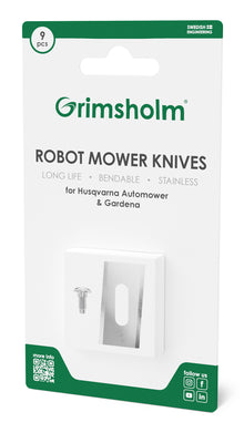 Grimsholm kniv og skrue til Automower, 9-pak, rustfrit stål, kompatibel med Husqvarna og Automower.