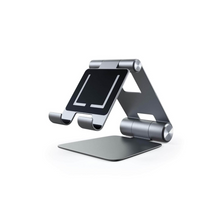 Satechi Universal Tablet alu holder, grå, justerbart metalstativ med flad base og hængslede arme til smartphone/tablet.