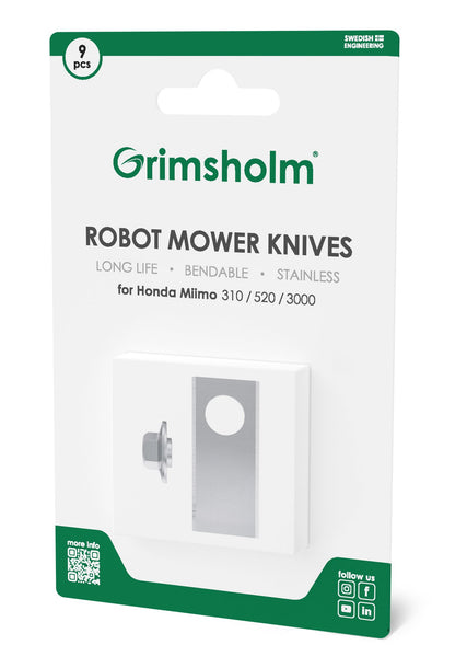 Grimsholm knive og skruer til Honda Miimo 9-pak til robotplæneklippere, grøn emballage med kniv og skrue illustration.