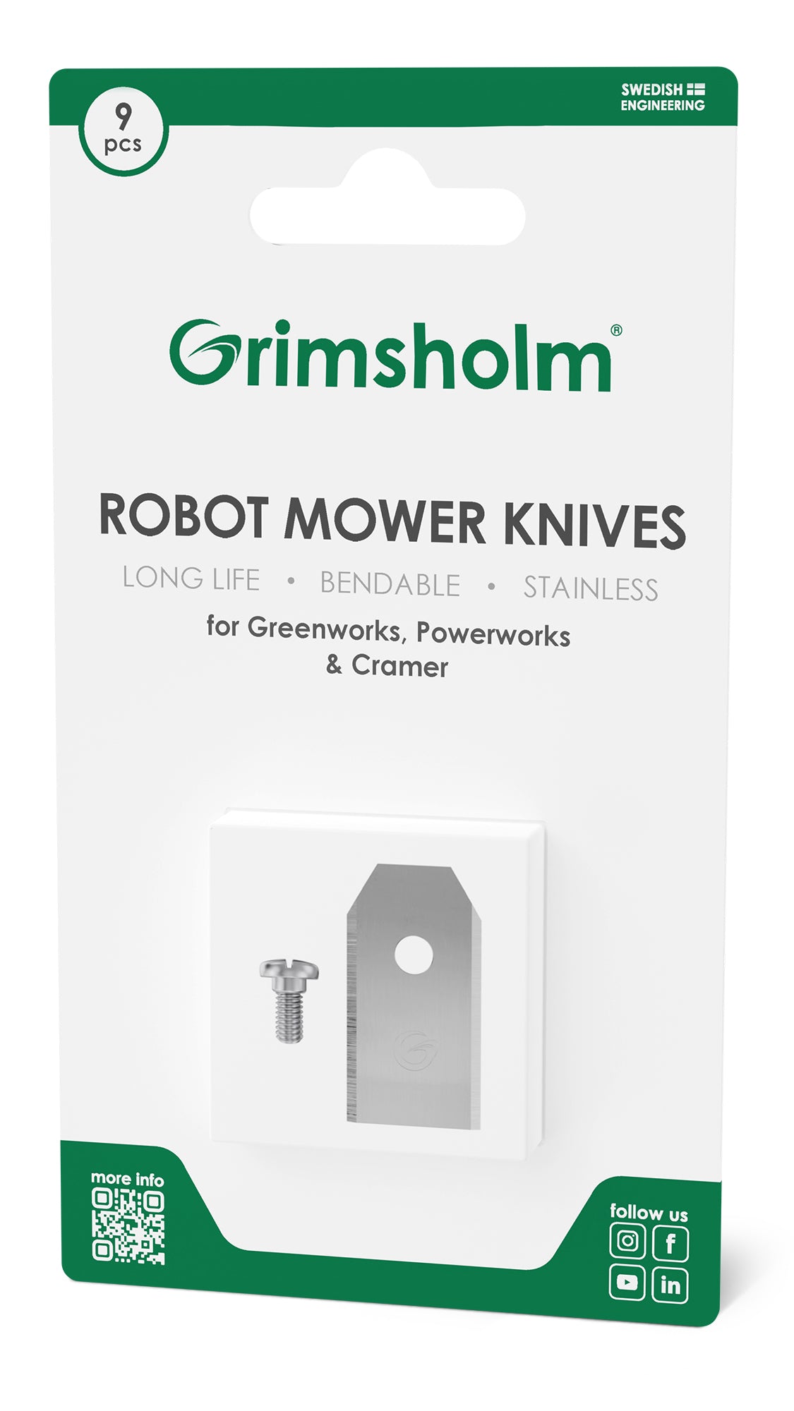 Kniv og skruer til Greenworks, Powerworks, Cramer robotplæneklippere 9-pak rustfri reservedele vis emballage.