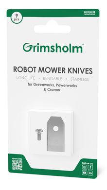 Kniv og skruer til Greenworks, Powerworks, Cramer robotplæneklippere 9-pak rustfri reservedele vis emballage.