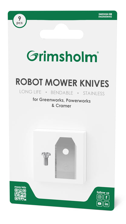 Kniv og skruer til Greenworks, Powerworks, Cramer robotplæneklippere 9-pak rustfri reservedele vis emballage.
