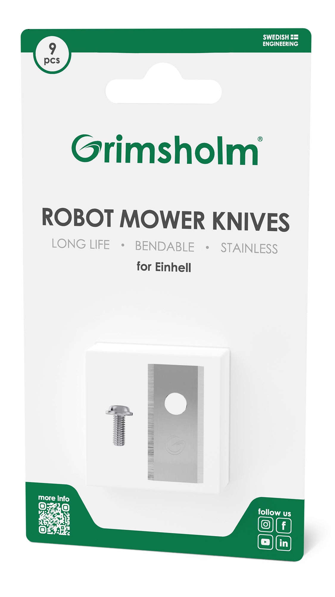 Grimsholm knive og skruer 9-pak til Einhell robotplæneklipper, metalblade og skruer, tekst: Lang levetid, bøjelig, rustfri.