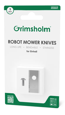 Grimsholm knive og skruer 9-pak til Einhell robotplæneklipper, metalblade og skruer, tekst: Lang levetid, bøjelig, rustfri.