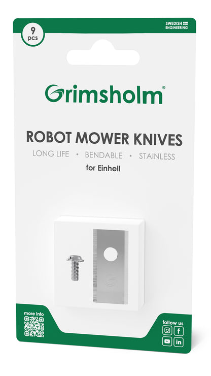 Grimsholm knive og skruer 9-pak til Einhell robotplæneklipper, metalblade og skruer, tekst: Lang levetid, bøjelig, rustfri.