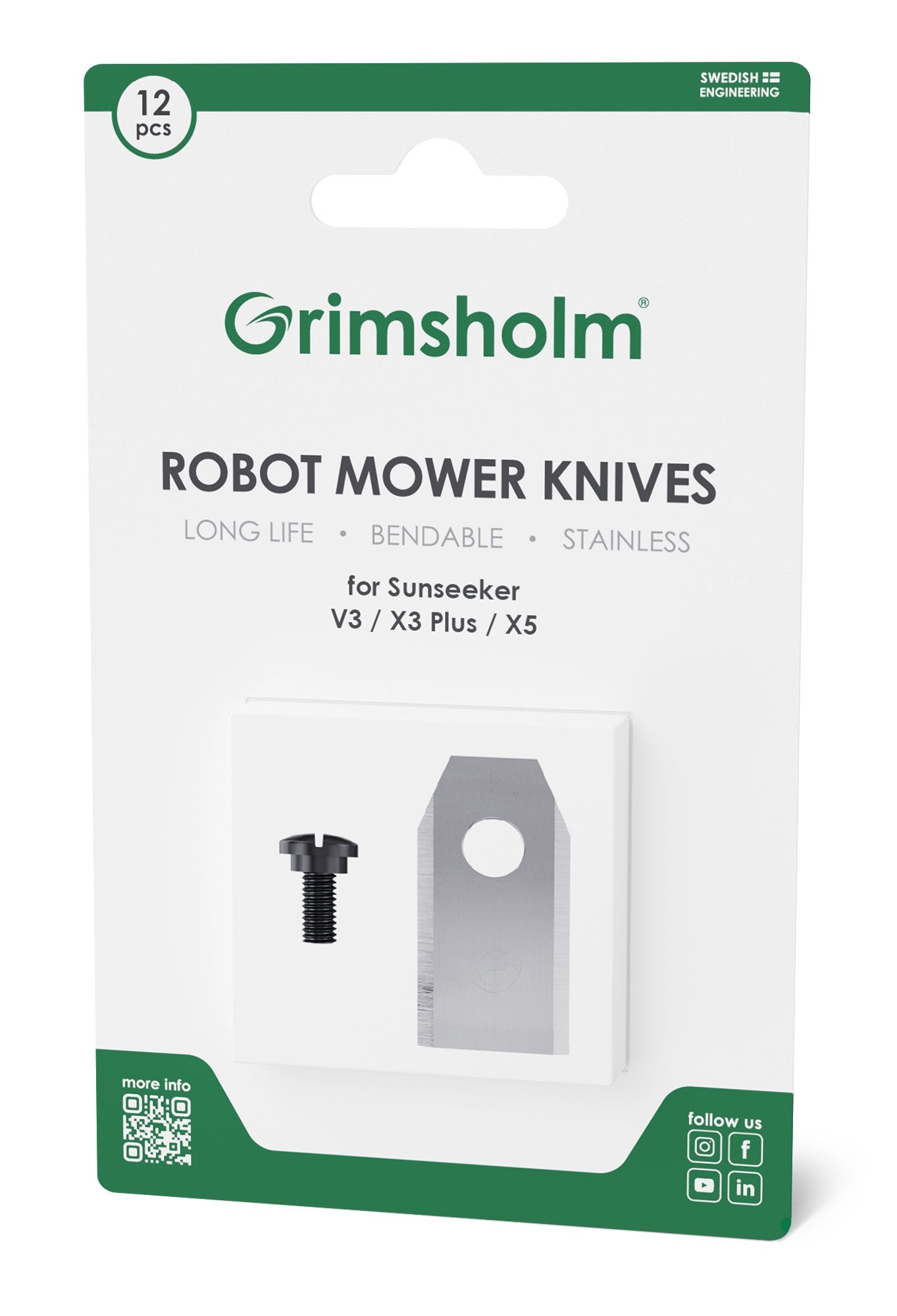Grimsholm knive og skruer 12-pak til Sunseeker V3/X3+/X5 robotplæneklipper rustfri knive reservedel.