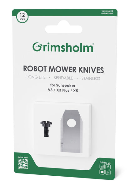 Grimsholm knive og skruer 12-pak til Sunseeker V3/X3+/X5 robotplæneklipper rustfri knive reservedel.