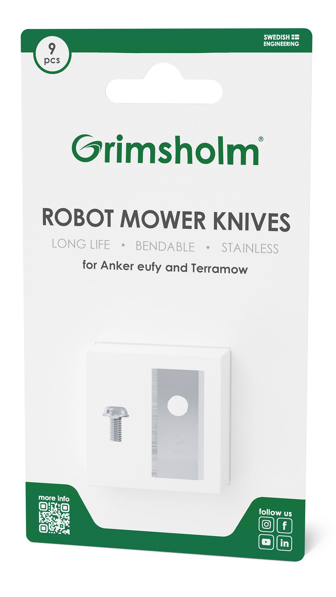 Grimsholm knive og skruer 9-pak til Anker Eufy/Terramow robotplæneklipper rustfrit fleksibelt stål.