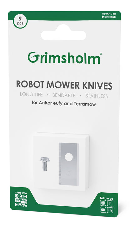Grimsholm knive og skruer 9-pak til Anker Eufy/Terramow robotplæneklipper rustfrit fleksibelt stål.
