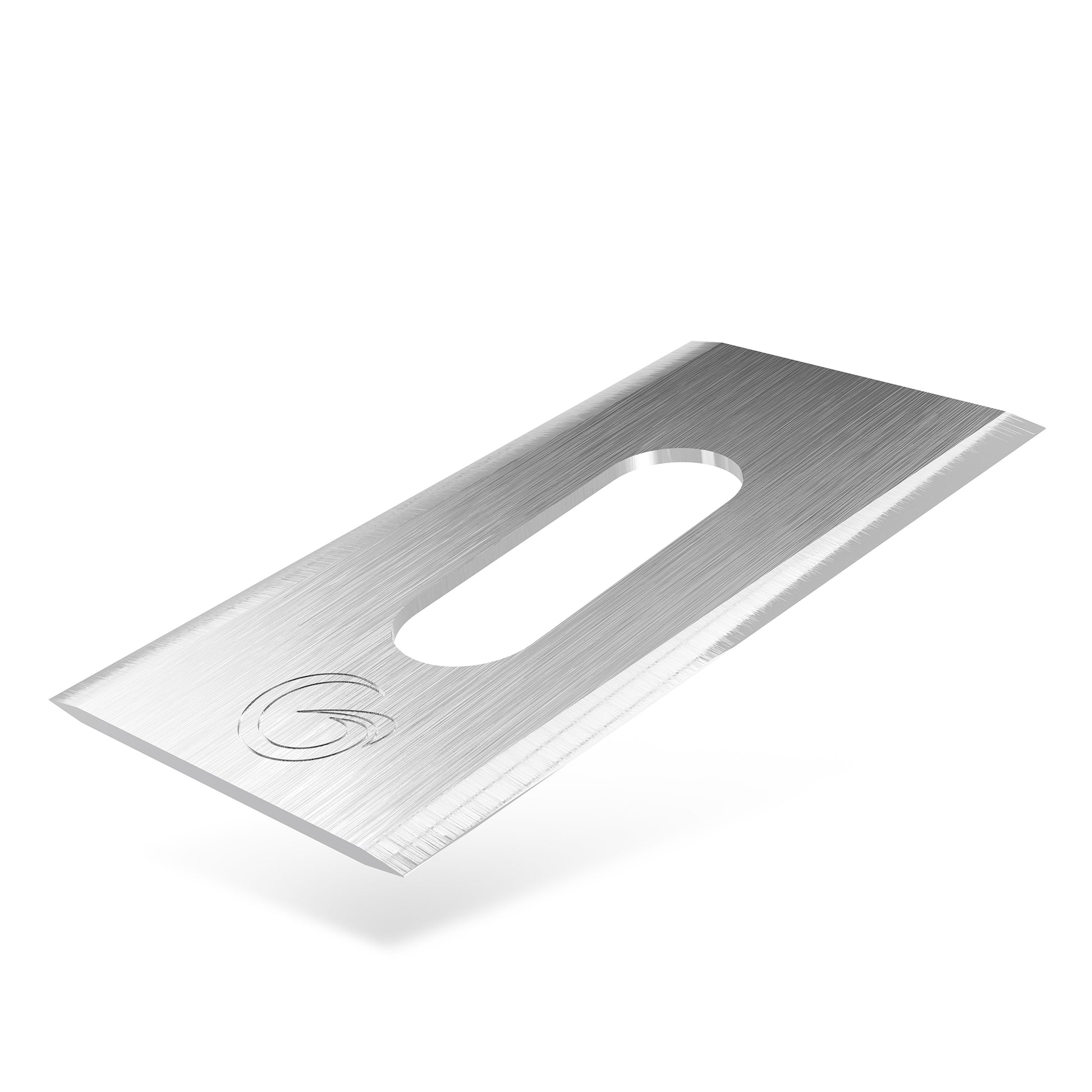 Kniv til Stihl iMOW 3/4/5/6/7 og EVO Disc-Cut, rektangulær metal, faset kant, ovalt hul, indgraveret logo.