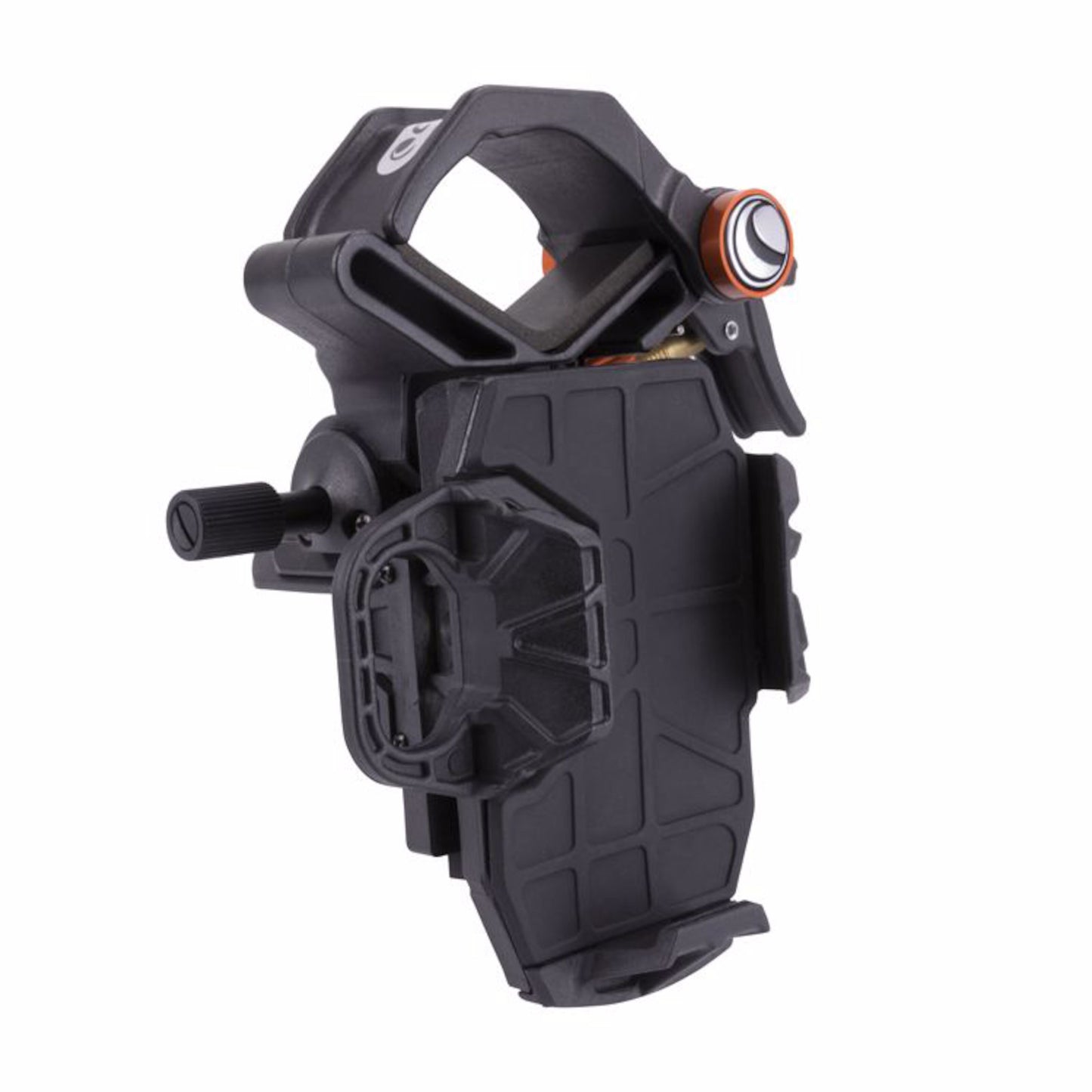 Celestron NexYZ 3 digiscopingadapter sort plast og metal, klemmebeslag, justeringsknapper, polstrede greb til smartphone.
