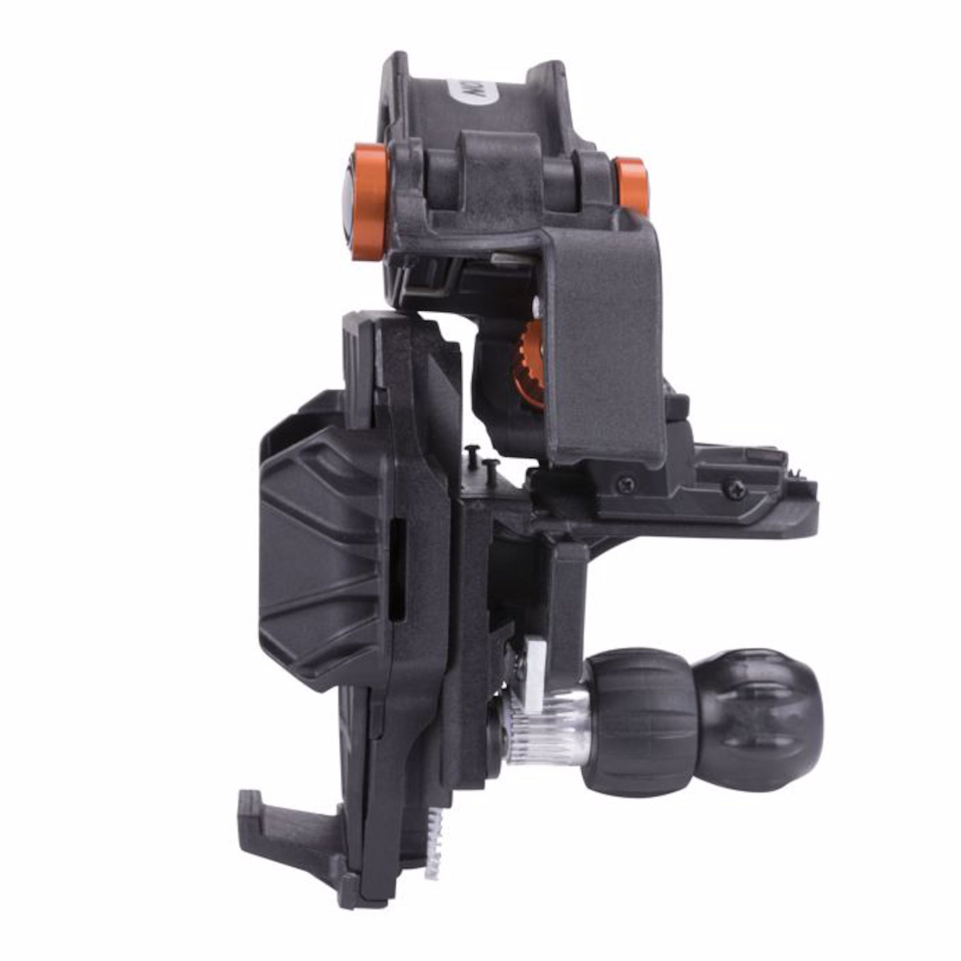 Celestron NexYZ 3 digiscopingadapter, sort med orange og sølv knapper, sideview, til mobiltelefon og teleskop.