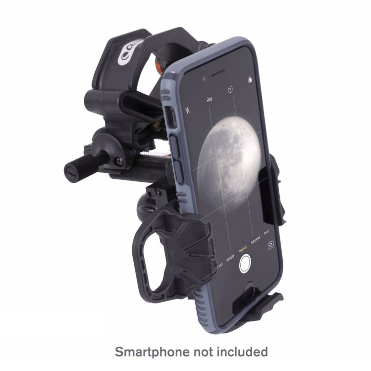 Celestron NexYZ 3 Digiscopingadapter sort med mobilholdere, telefon viser månebillede, tekst: Smartphone ikke inkluderet.