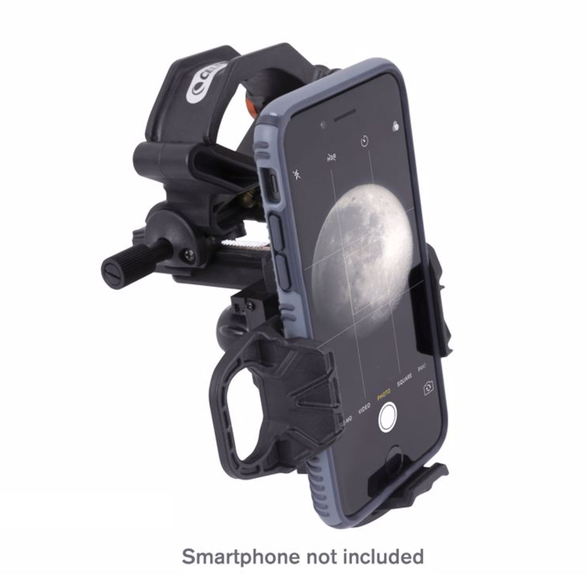 Celestron NexYZ 3 Digiscopingadapter sort med mobilholdere, telefon viser månebillede, tekst: Smartphone ikke inkluderet.