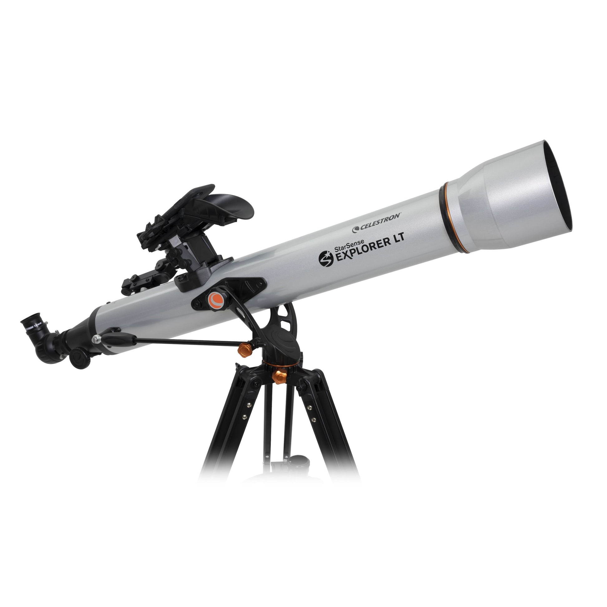 Celestron Starsense Explorer LT80AZ teleskop 80 mm 189x, sølv, set fra siden med sort trefod.