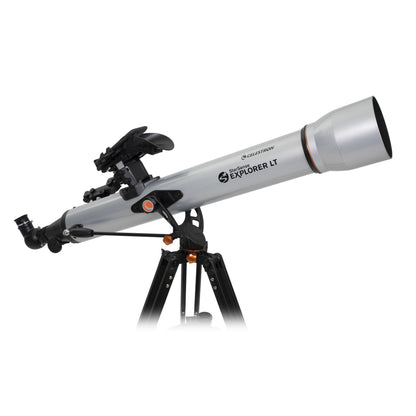 Celestron Starsense Explorer LT80AZ teleskop 80 mm 189x, sølv, set fra siden med sort trefod.