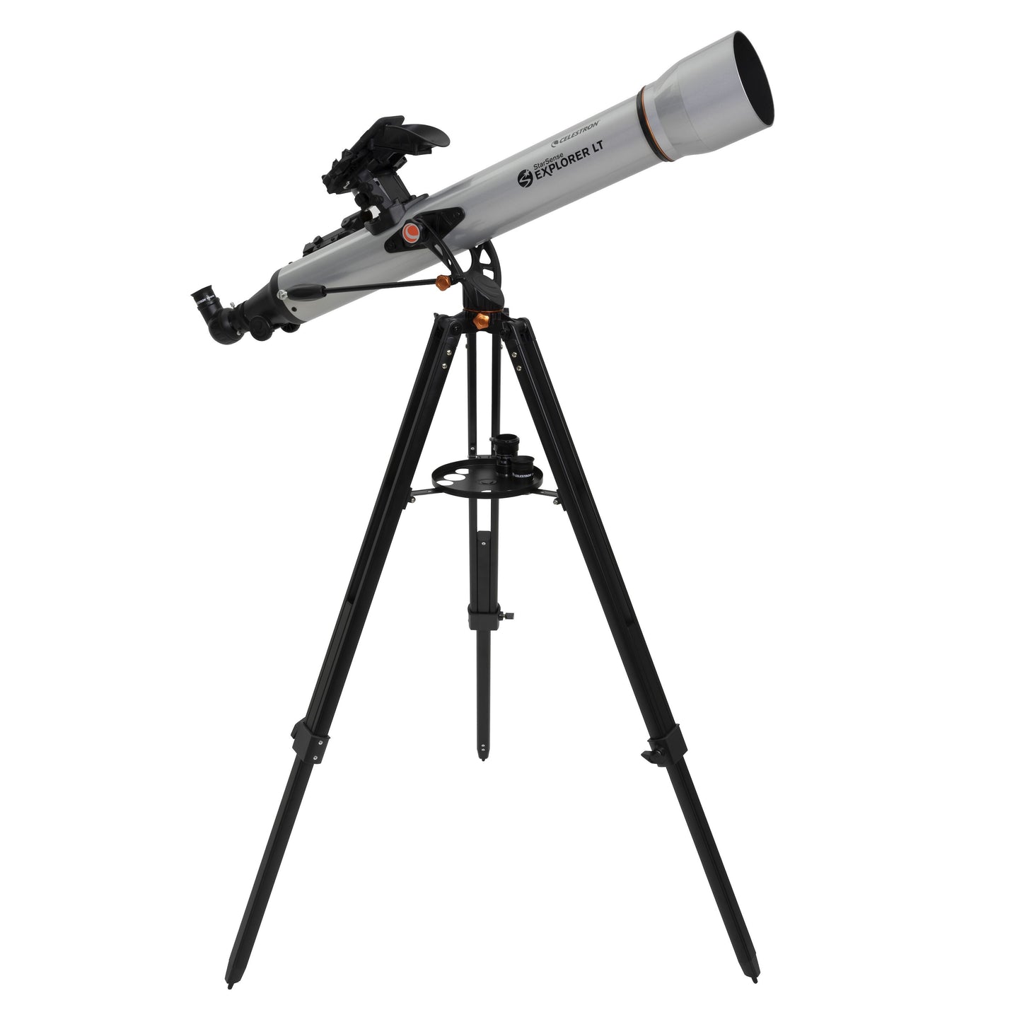 Celestron Starsense Explorer LT80AZ teleskop 80 mm 189x sølv cylindrisk på sort trefod med justeringsknapper.