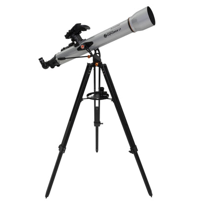 Celestron Starsense Explorer LT80AZ teleskop 80 mm 189x sølv cylindrisk på sort trefod med justeringsknapper.