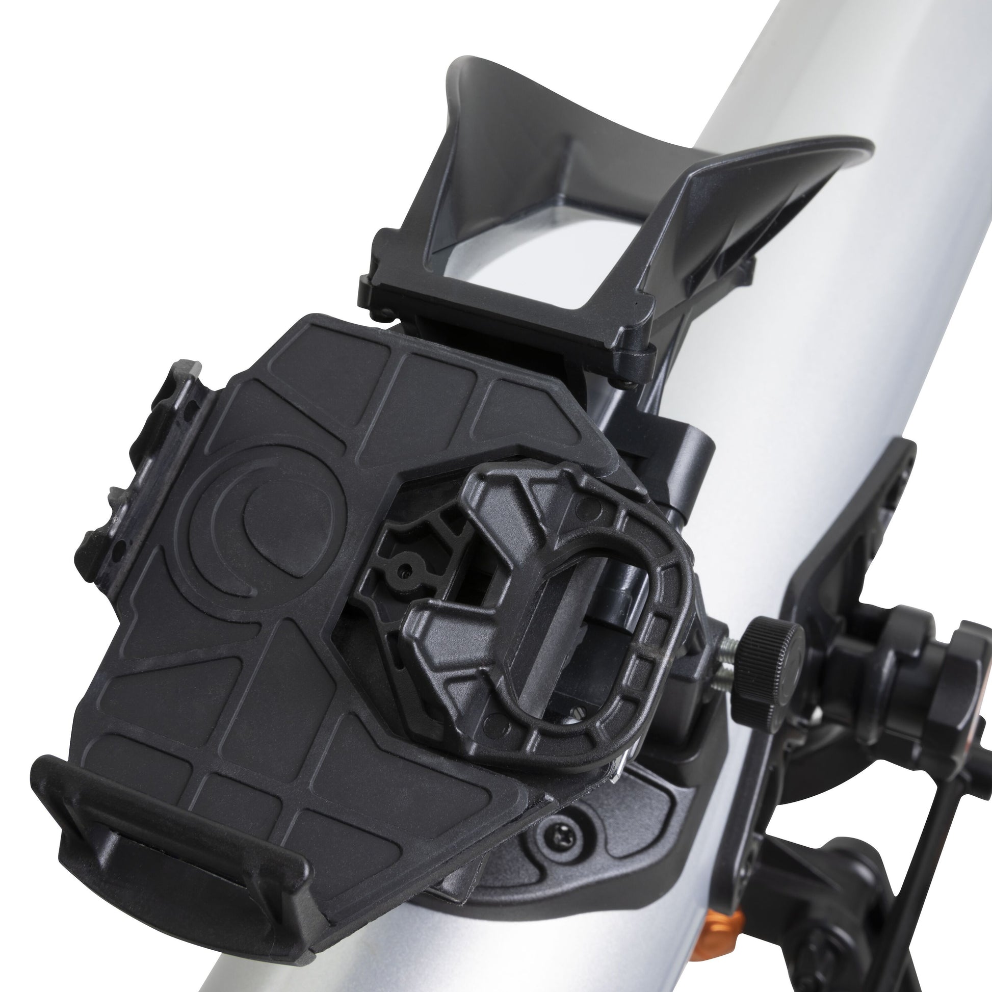 Celestron Starsense Explorer LT80AZ sort justerbart beslag på sølvfarvet rør, rillet overflade, rundt strammehjul.