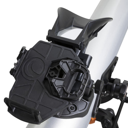 Celestron Starsense Explorer LT80AZ sort justerbart beslag på sølvfarvet rør, rillet overflade, rundt strammehjul.