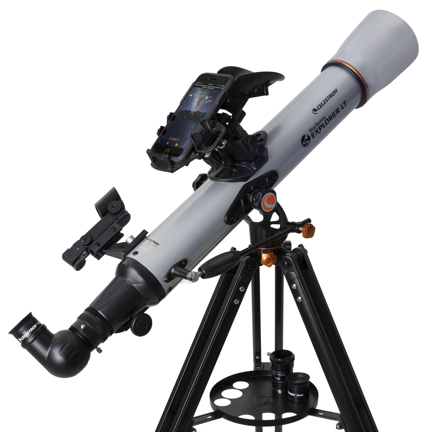 Celestron Starsense Explorer LT80AZ teleskop 80mm sølv/sort, stativ, smartphone-docking, justeringsknapper, søger.