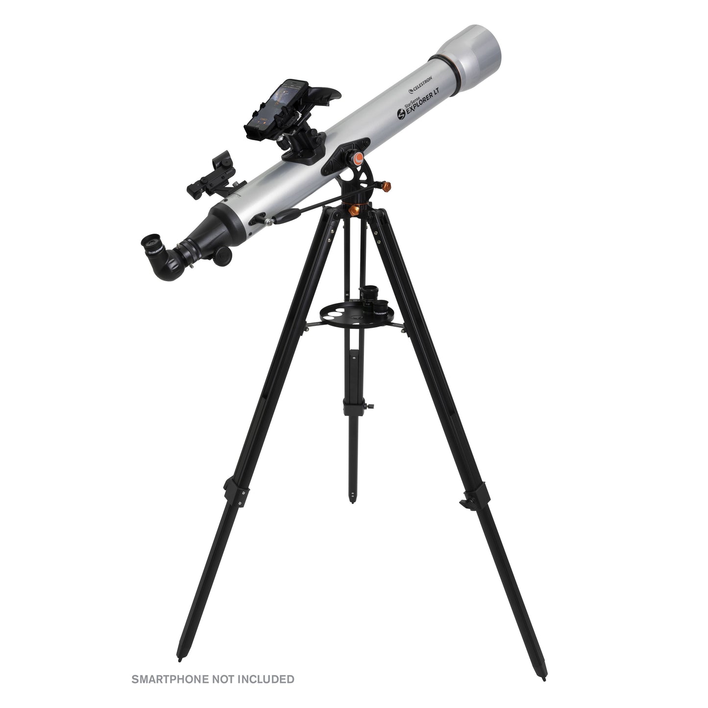 Celestron Starsense Explorer LT80AZ 80 mm teleskop sølv på sort stativ med justerbar mobilholder, peger skråt opad.