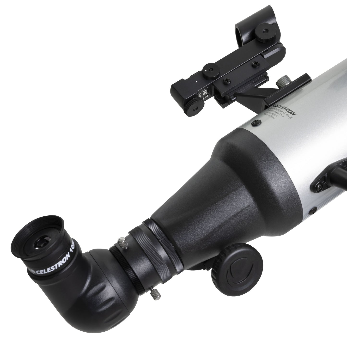 Celestron Starsense Explorer LT80AZ 80 mm teleskop 189x med vinklet okular, monteret søger og synlig fokuseringsknap.