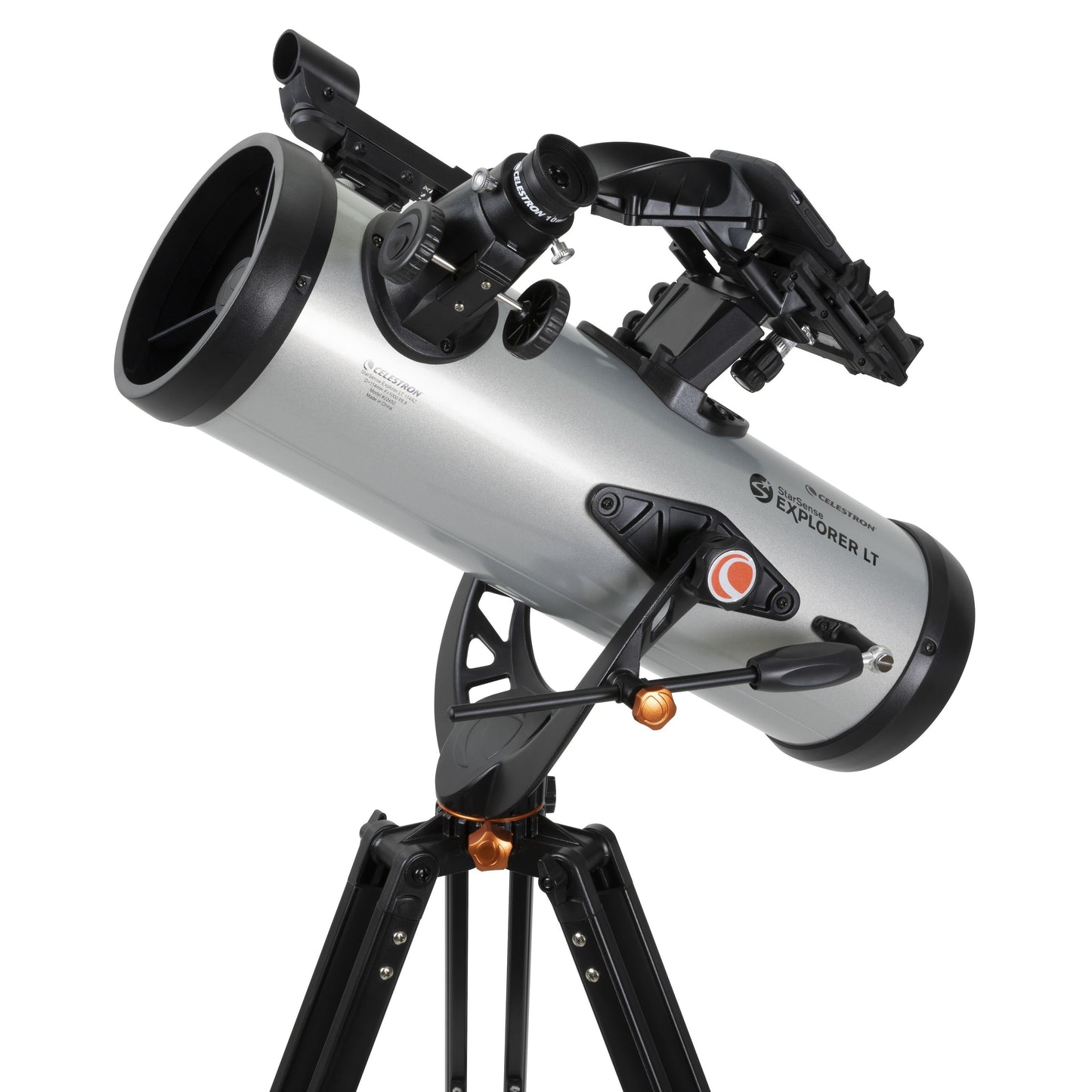 Celestron Starsense Explorer LT114AZ teleskop 114 mm sølv/sort med stort rør, stativ og sigtesigte.
