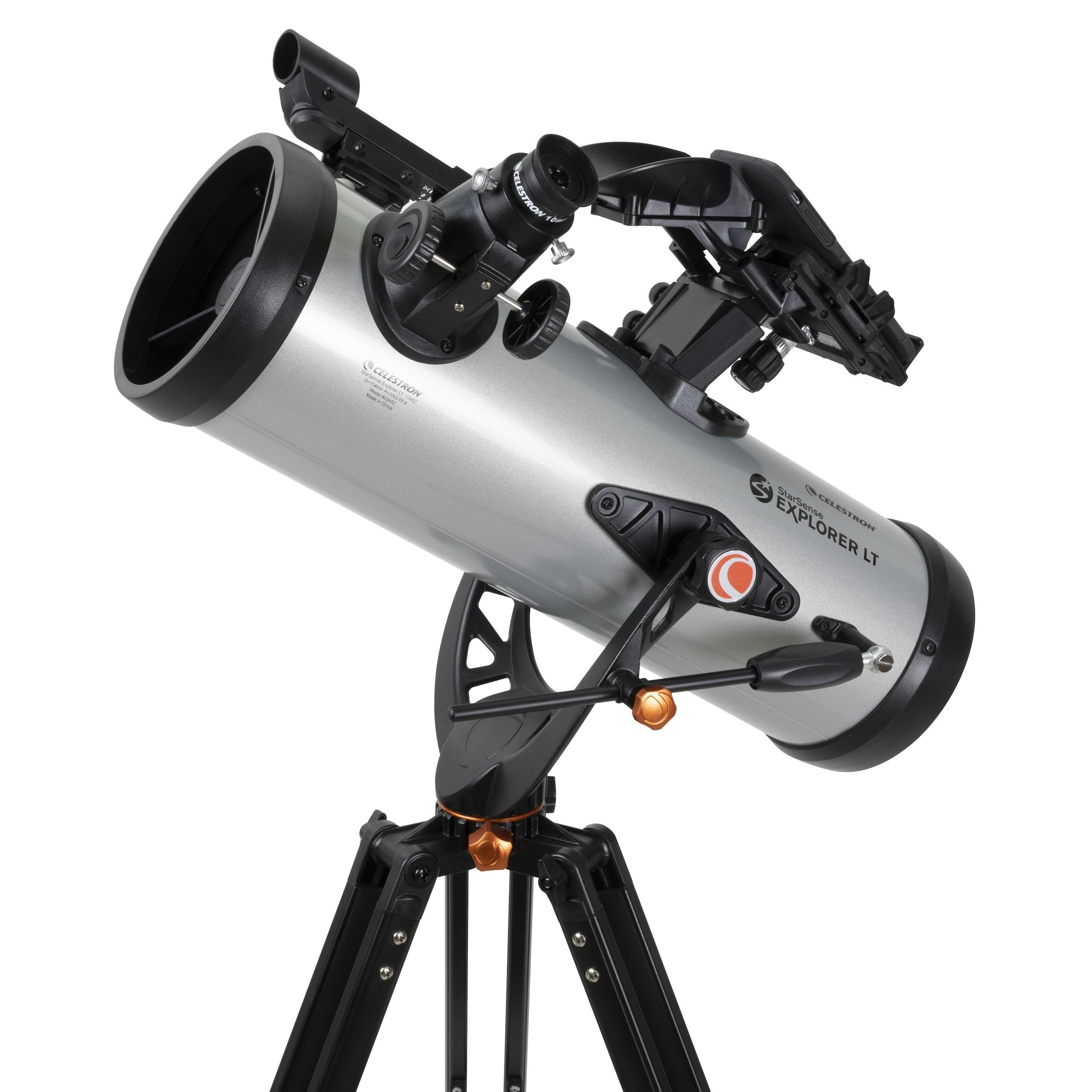 Celestron Starsense Explorer LT114AZ teleskop 114 mm sølv/sort med stort rør, stativ og sigtesigte.