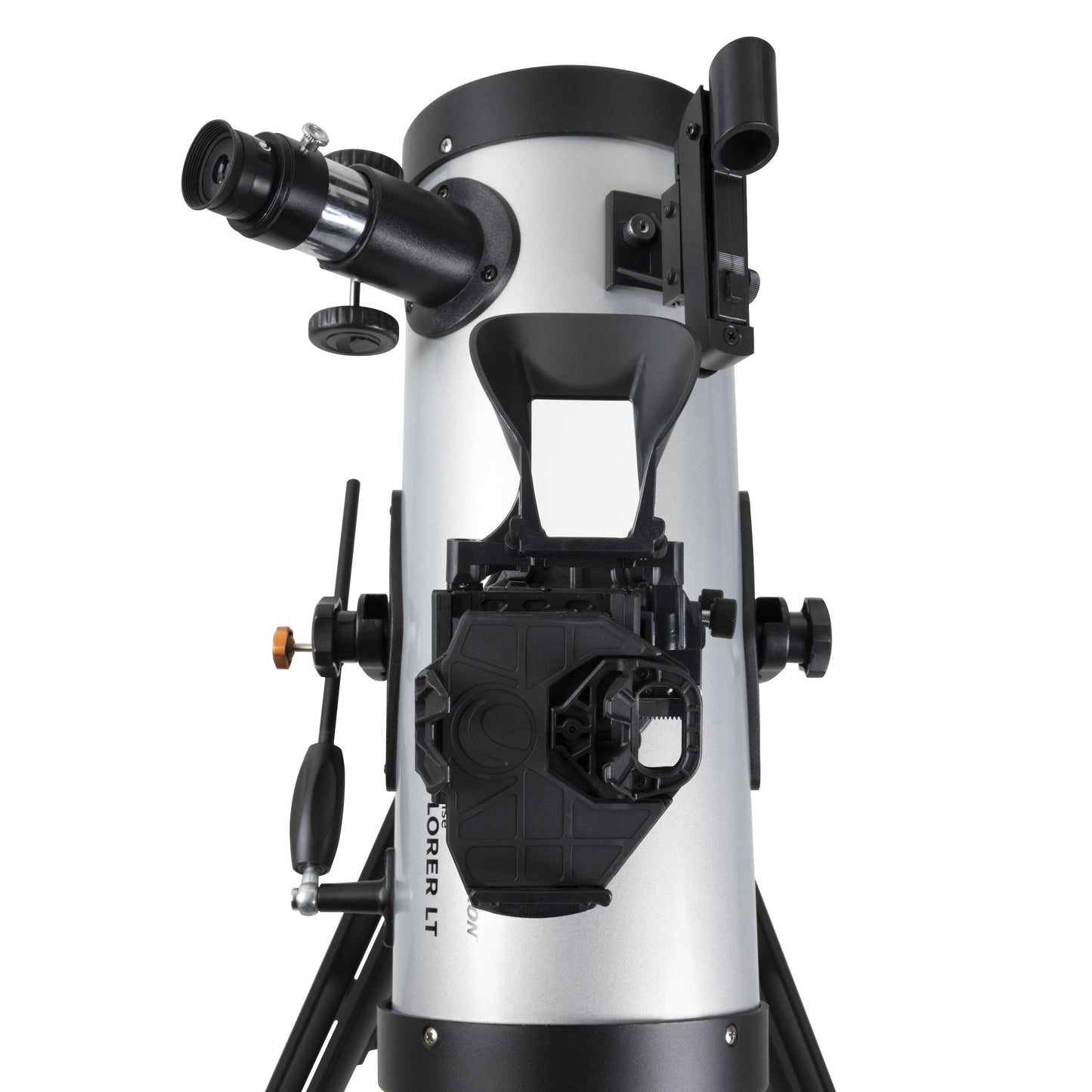 Celestron Starsense Explorer LT114AZ 114 mm teleskop 269x med okular, fokuser, søgerbeslag og smartphone-adapter.