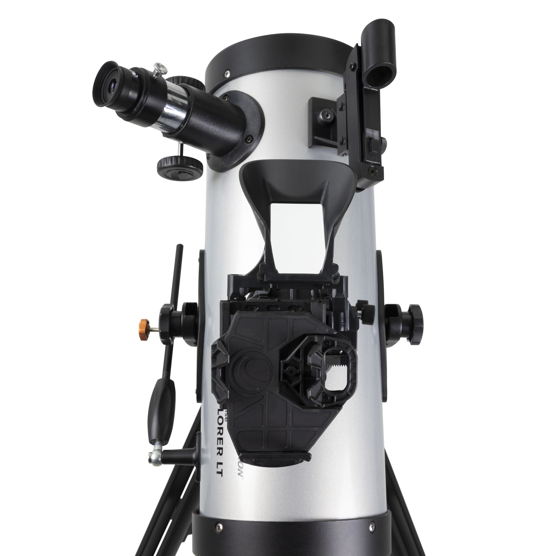 Celestron Starsense Explorer LT114AZ 114 mm teleskop 269x med okular, fokuser, søgerbeslag og smartphone-adapter.