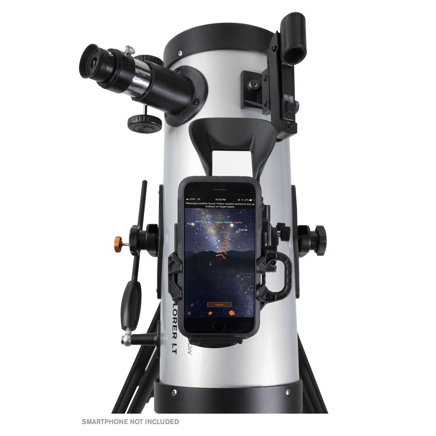 Celestron Starsense Explorer LT114AZ 114 mm teleskop sølv/sort med smartphoneholder, skærm viser stjernekort-app, SMARTPHONE IKKE INKLUDERET.