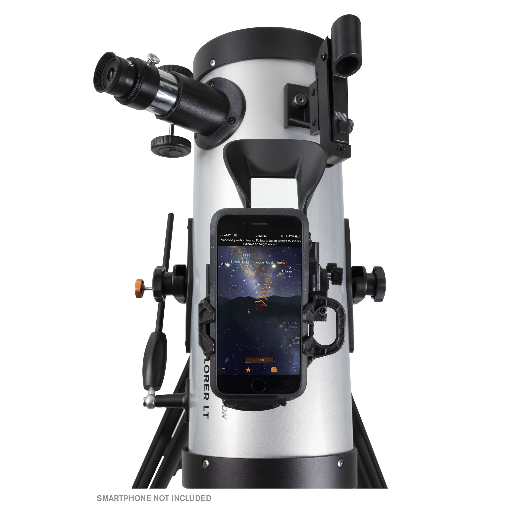 Celestron Starsense Explorer LT114AZ 114 mm teleskop sølv/sort med smartphoneholder, skærm viser stjernekort-app, SMARTPHONE IKKE INKLUDERET.