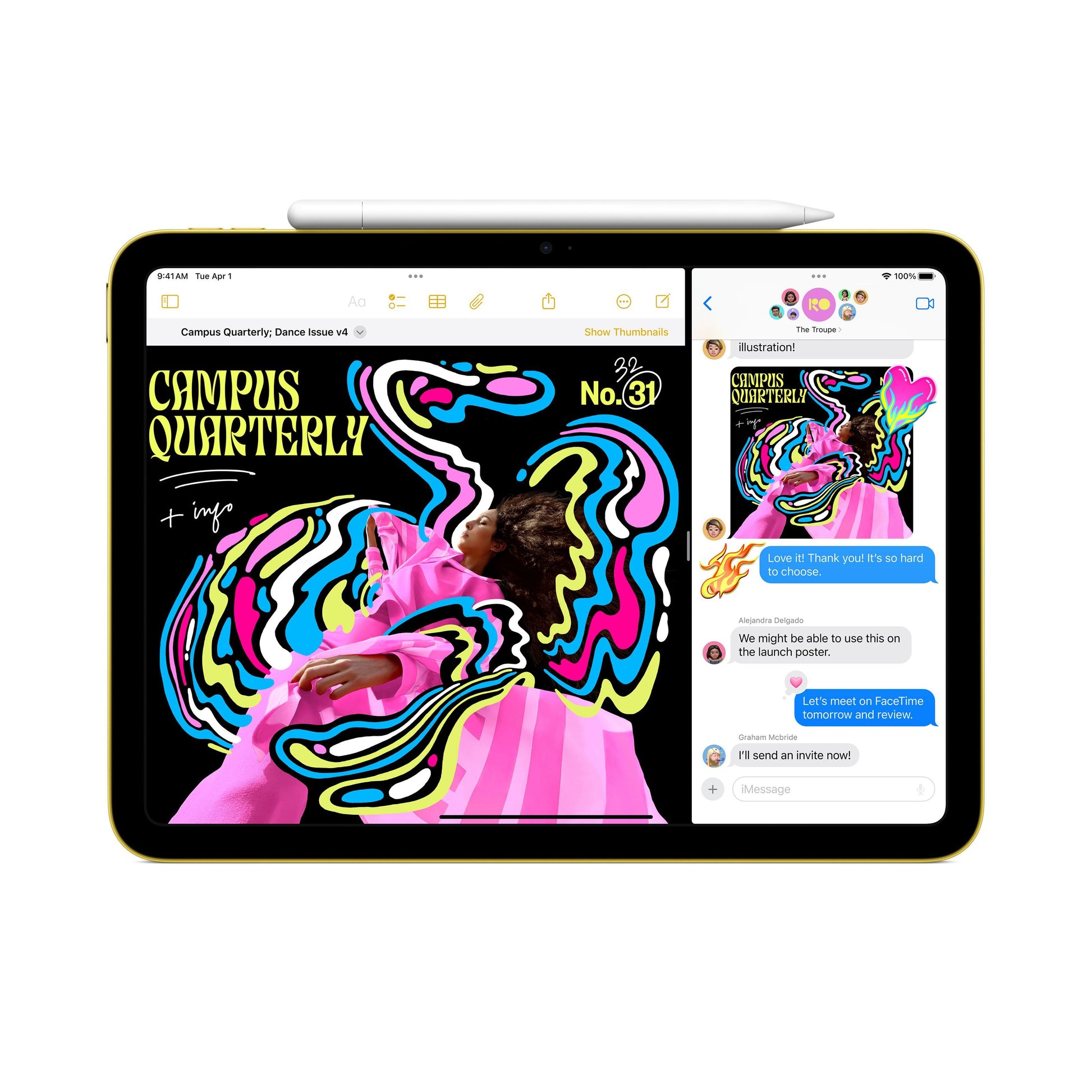 Apple iPad 11" WiFi 128GB sølv med Campus Quarterly magasincover, farverig tegning og chat på Liquid Retina-skærm.