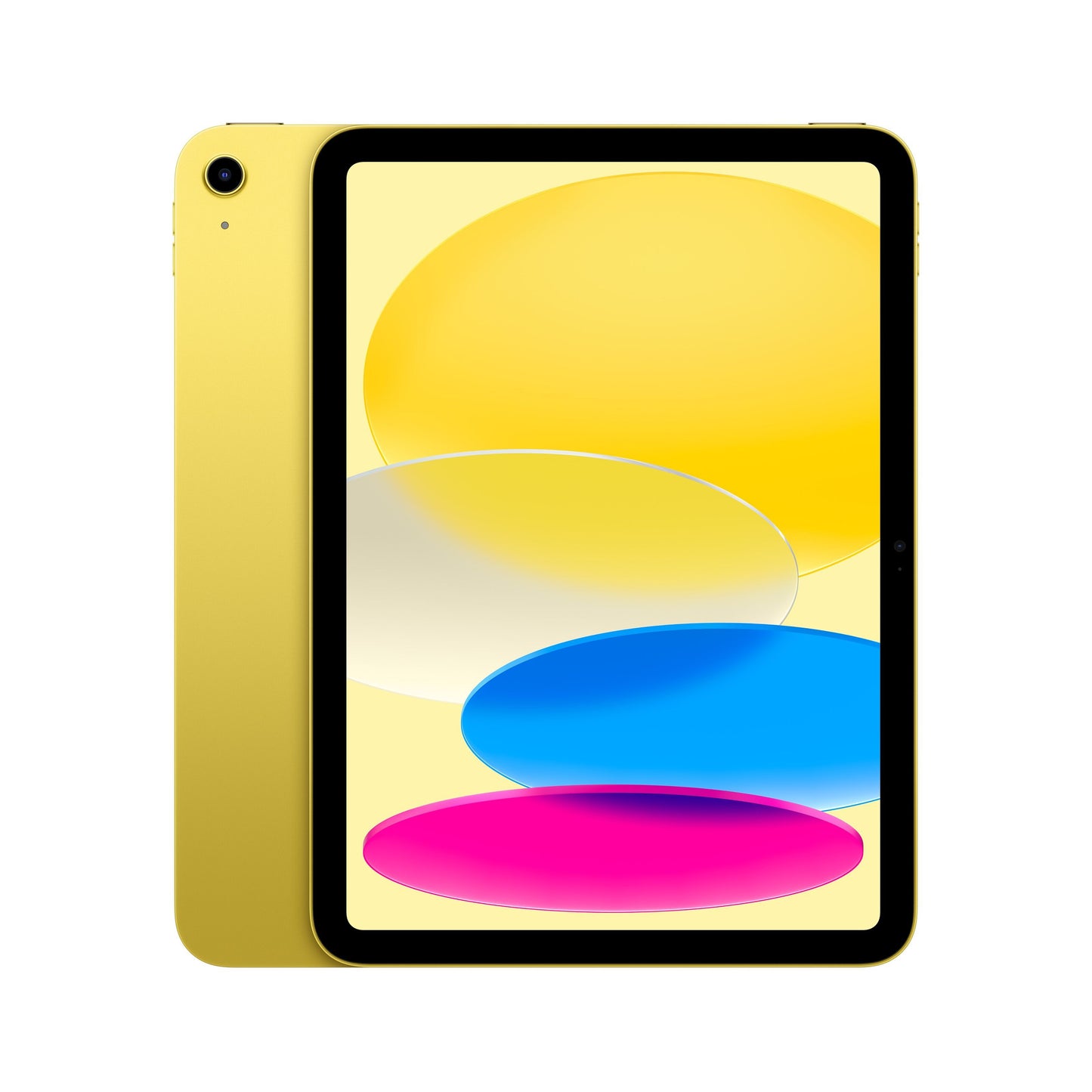 Apple iPad 11" (A16) WiFi 128 GB gul, sort ramme, abstrakt ovalt tapet i gul/hvid/blå/lyserød, A16 Bionic chip.