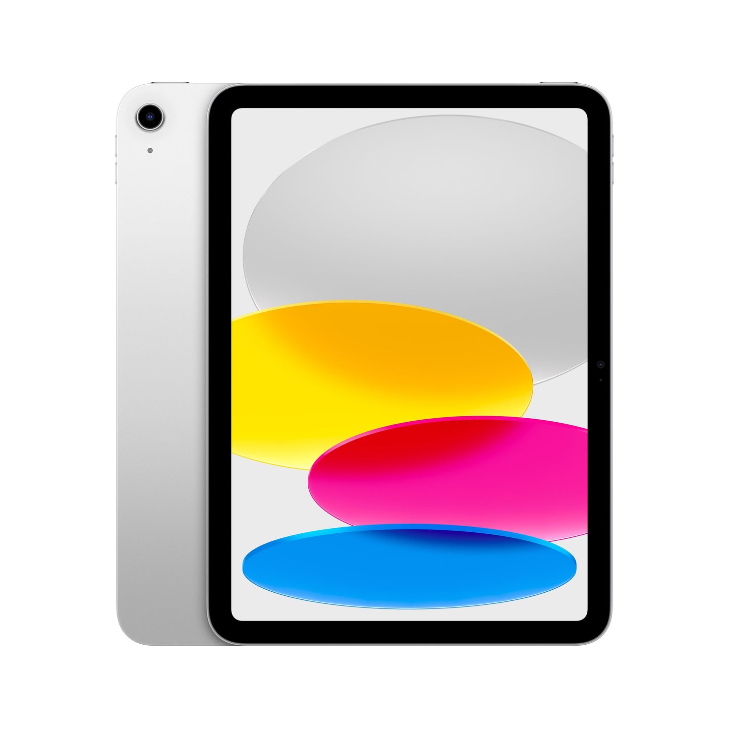 Apple iPad 11" Wifi 256 GB sølv med sort ramme, Liquid Retina-skærm med farvede ovaler og kamera øverst til venstre bagpå.