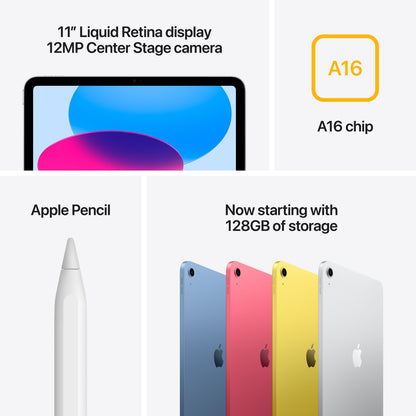 Apple iPad 11" WiFi 256GB sølv med Liquid Retina-skærm, 12MP Center Stage-kamera, A16-chip, Apple Pencil-understøttelse.