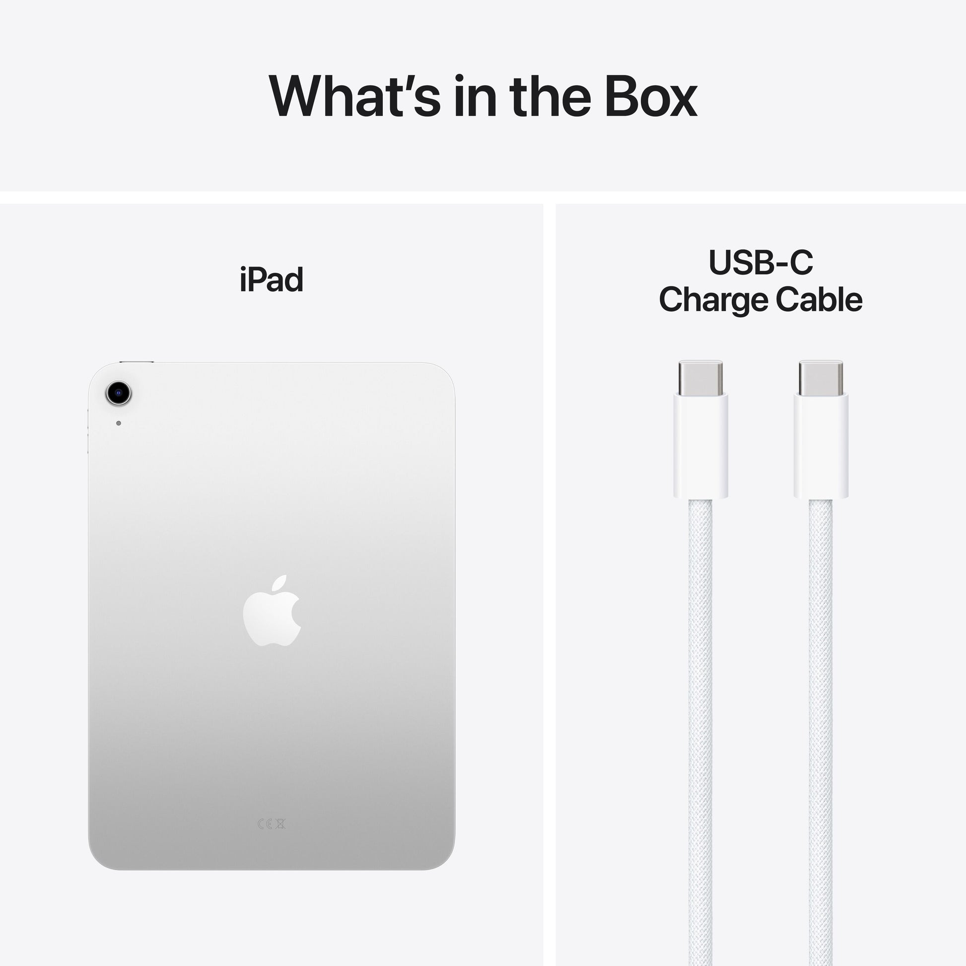 Apple iPad 11" Wifi 256 GB sølv med Liquid Retina-skærm og hvid USB-C opladerkabel i æske.
