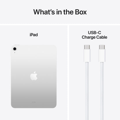 Apple iPad 11" Wifi 256 GB sølv med Liquid Retina-skærm og hvid USB-C opladerkabel i æske.