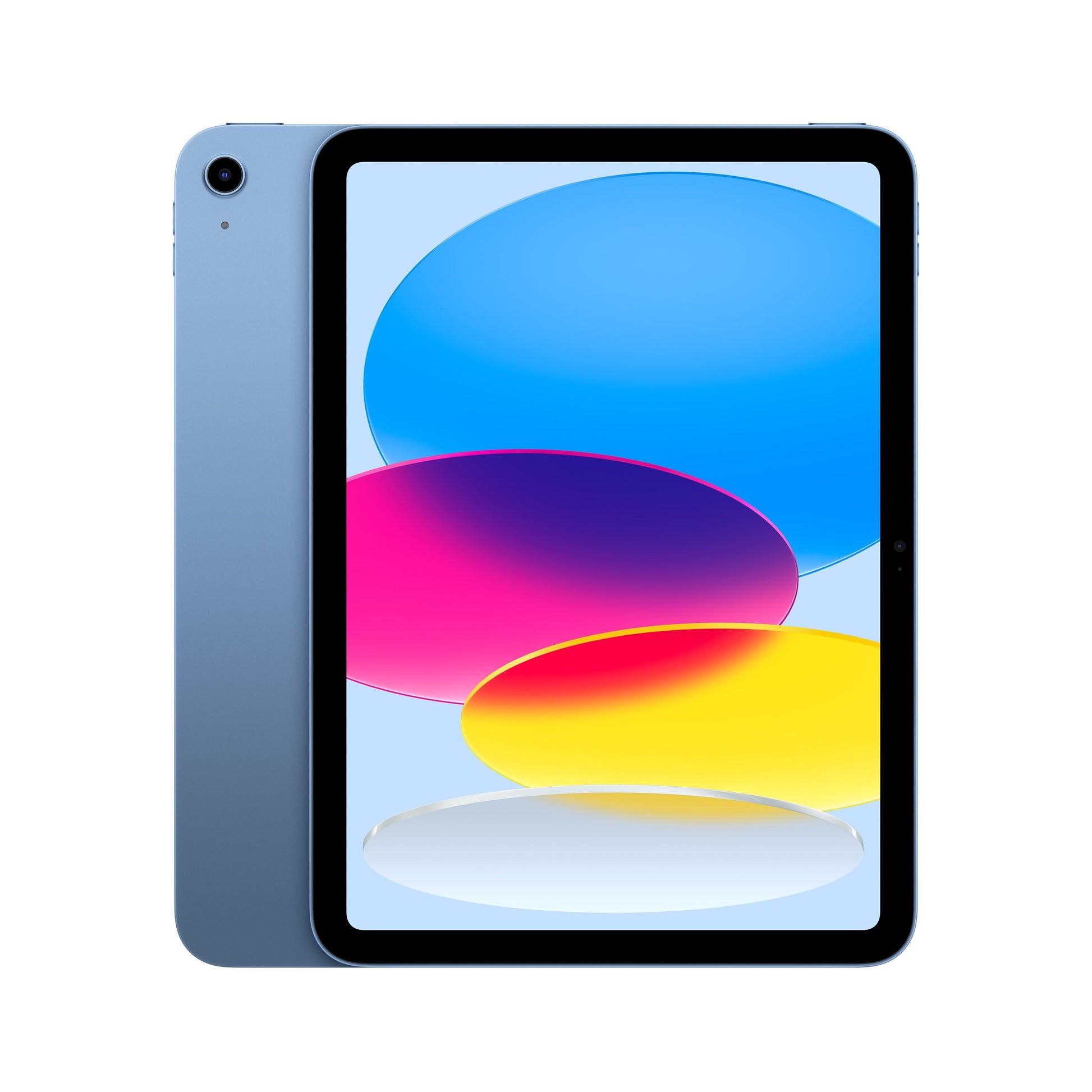 Apple iPad 11" WiFi 256GB blå sæt til/bagfra, Liquid Retina-skærm med blå, pink, gule og hvide ovale former.