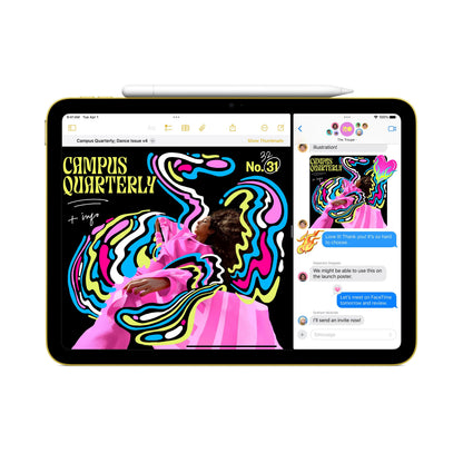 Apple iPad 11" Wifi 256 GB blå med Liquid Retina-skærm, digital kunst og gruppechat på skærmen, Apple stylus over tablet.