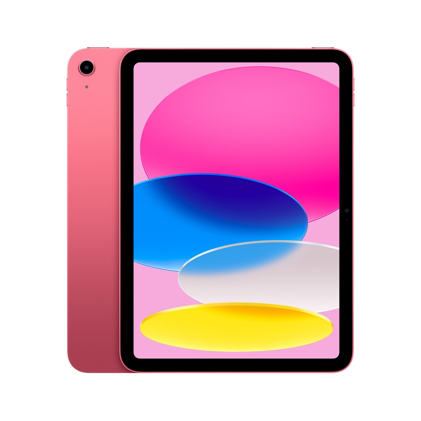 Apple iPad 11" WiFi 256GB pink med sort kant, farverige ovaler på Liquid Retina-skærm, pink bagside, enkelt bagkamera.