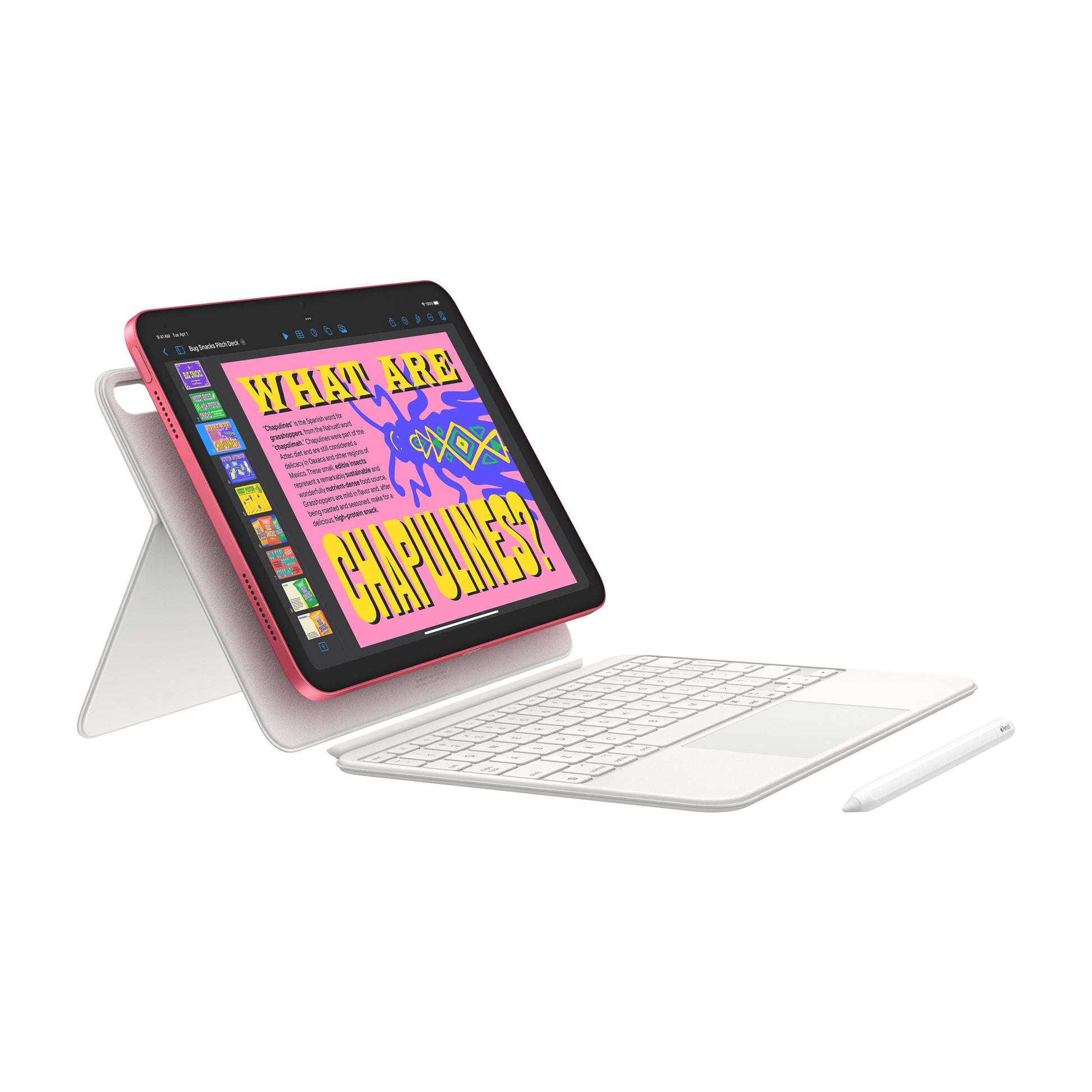 Apple iPad 11" Wifi 256 GB pink på hvid stander med hvidt tastatur og stylus placeret foran.