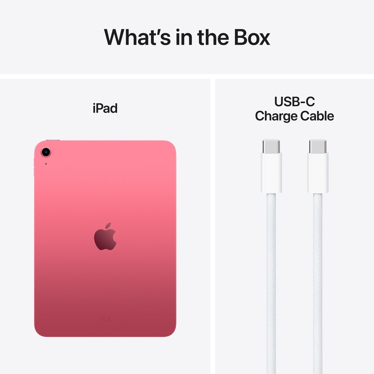 Apple iPad 11" WiFi 256GB pink med Liquid Retina-skærm og hvid USB-C opladerkabel, tekst: Hvad er der i æsken?.