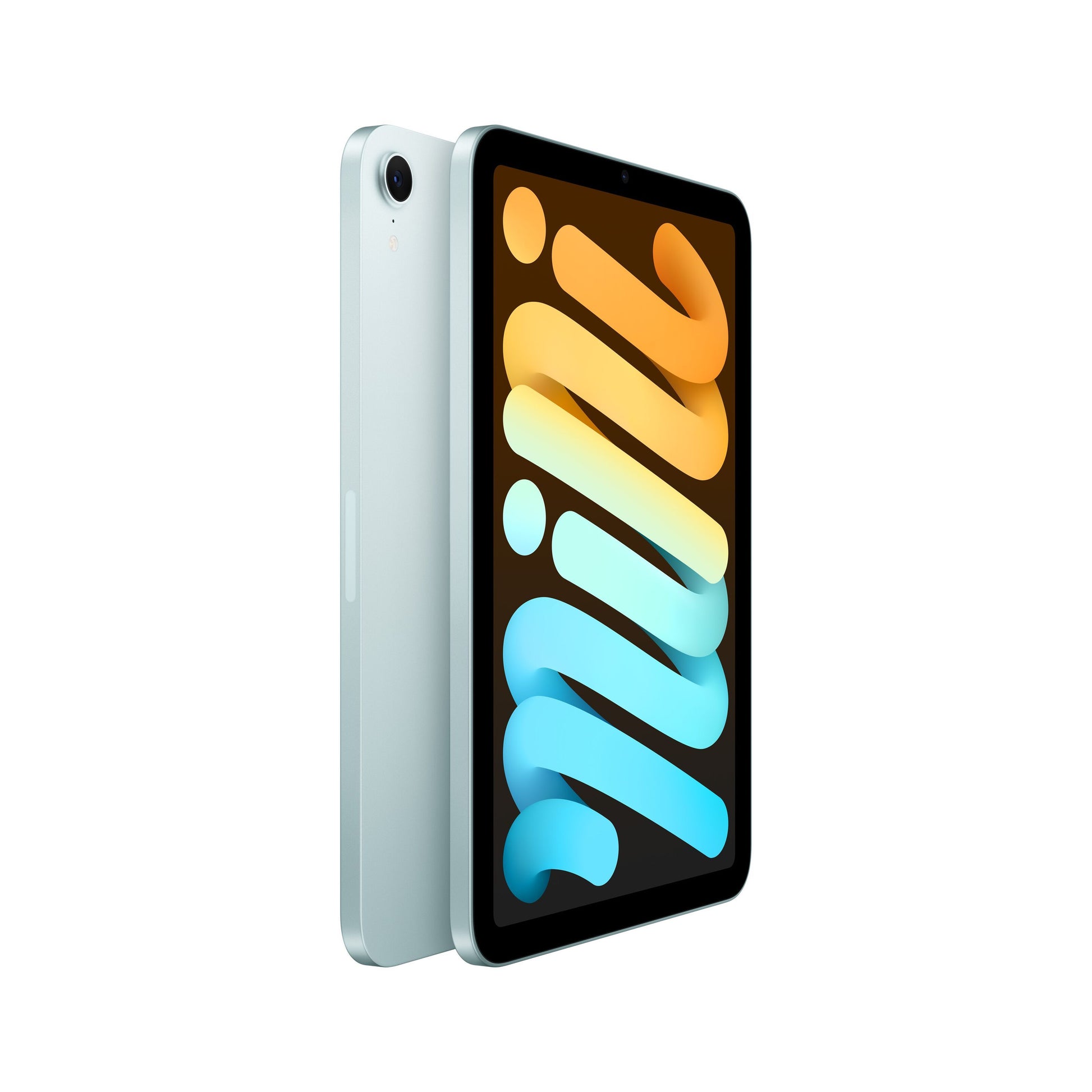 Apple iPad Mini WiFi 128 GB blå vises forfra og fra siden, stor skærm med "mini" i farvede bogstaver på sort baggrund.
