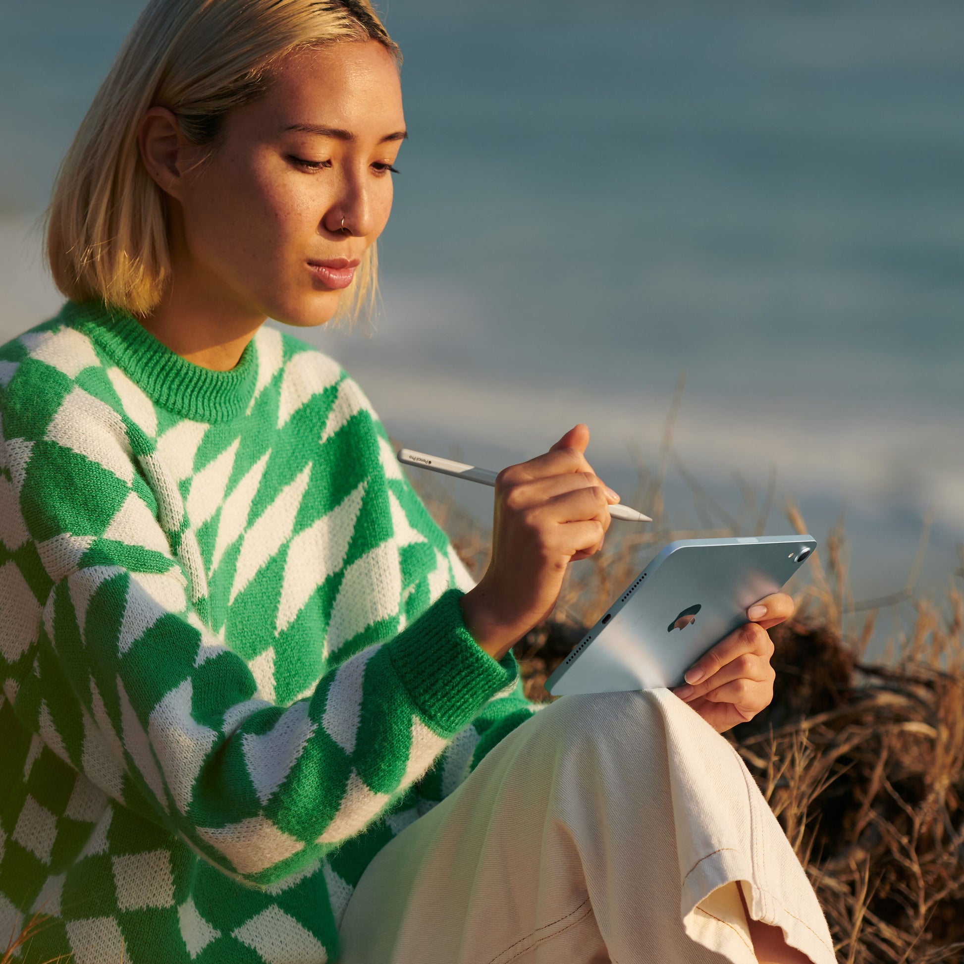 Apple iPad Mini Wifi 128 GB blå bruges med stylus, person med kort blondt hår, grøn-hvid sweater, udendørs.