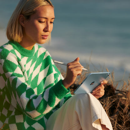 Apple iPad Mini Wifi 128 GB blå bruges med stylus, person med kort blondt hår, grøn-hvid sweater, udendørs.