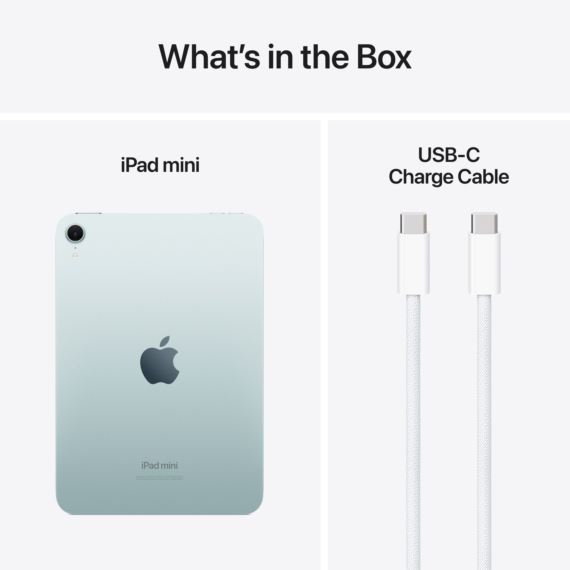 Apple iPad Mini WiFi 128GB blå med USB-C opladerkabel og WiFi 6E vist under indhold i æsken.